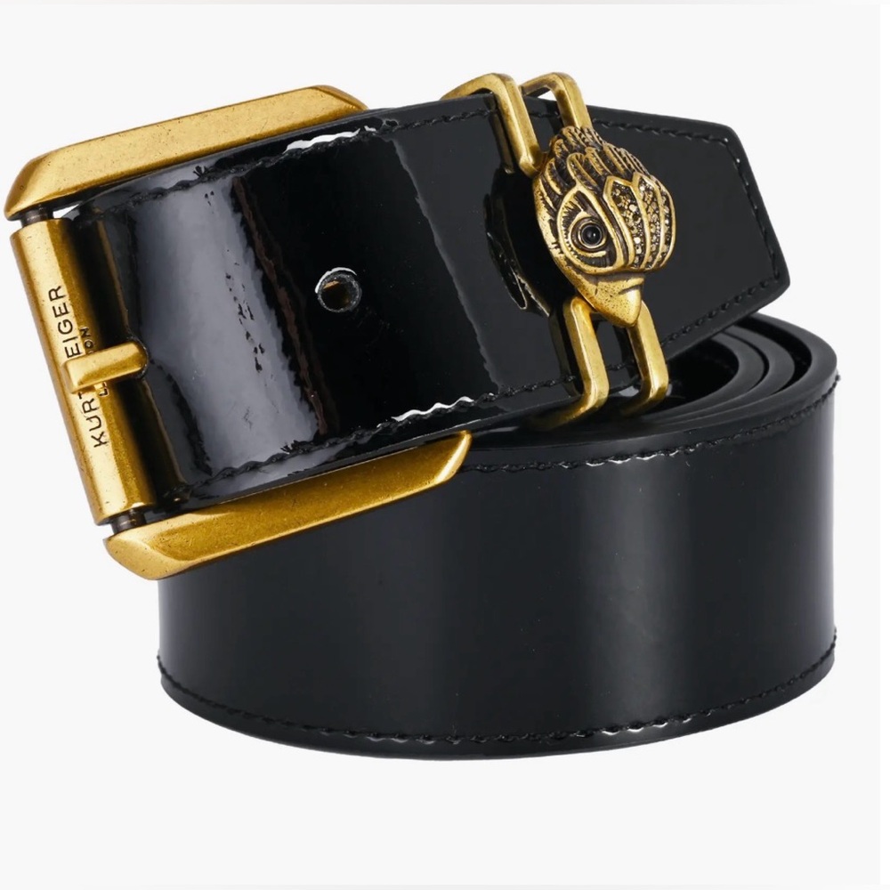 Kurt Geiger Black Patent Leather Belt with Gold Hardware